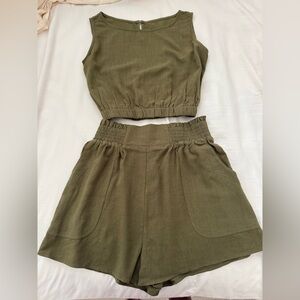 NWT Olive Green Two-Piece Set | Cropped Tank & High-Waisted Shorts | Size Medium